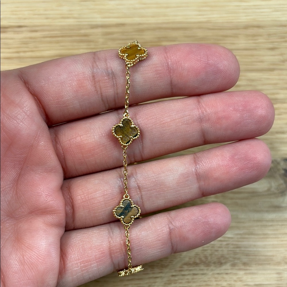 Gold Clover Chain Bracelet with Brown Stone Accents